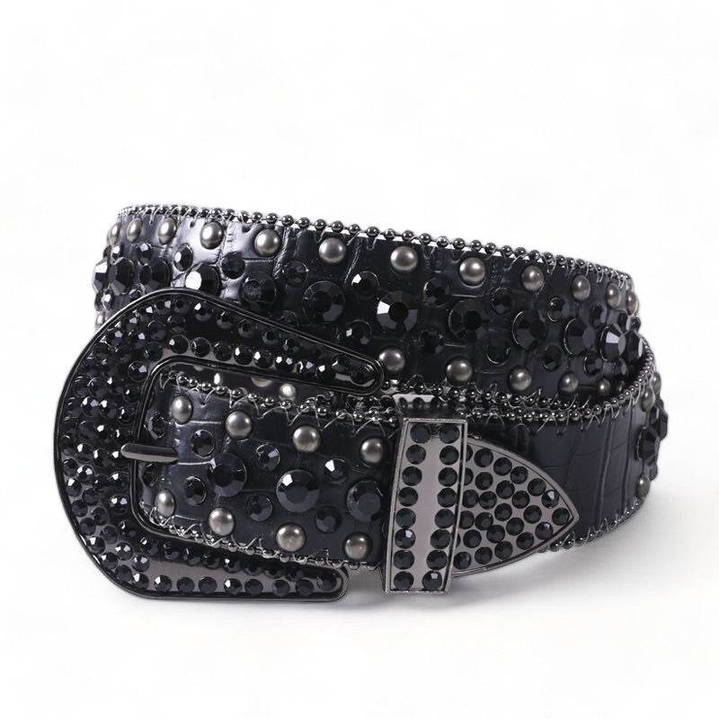 Ceinture Noire Femme Avec Strass Et Rivets - Boucle Cuir PU Ajustable Jeans Et Robes