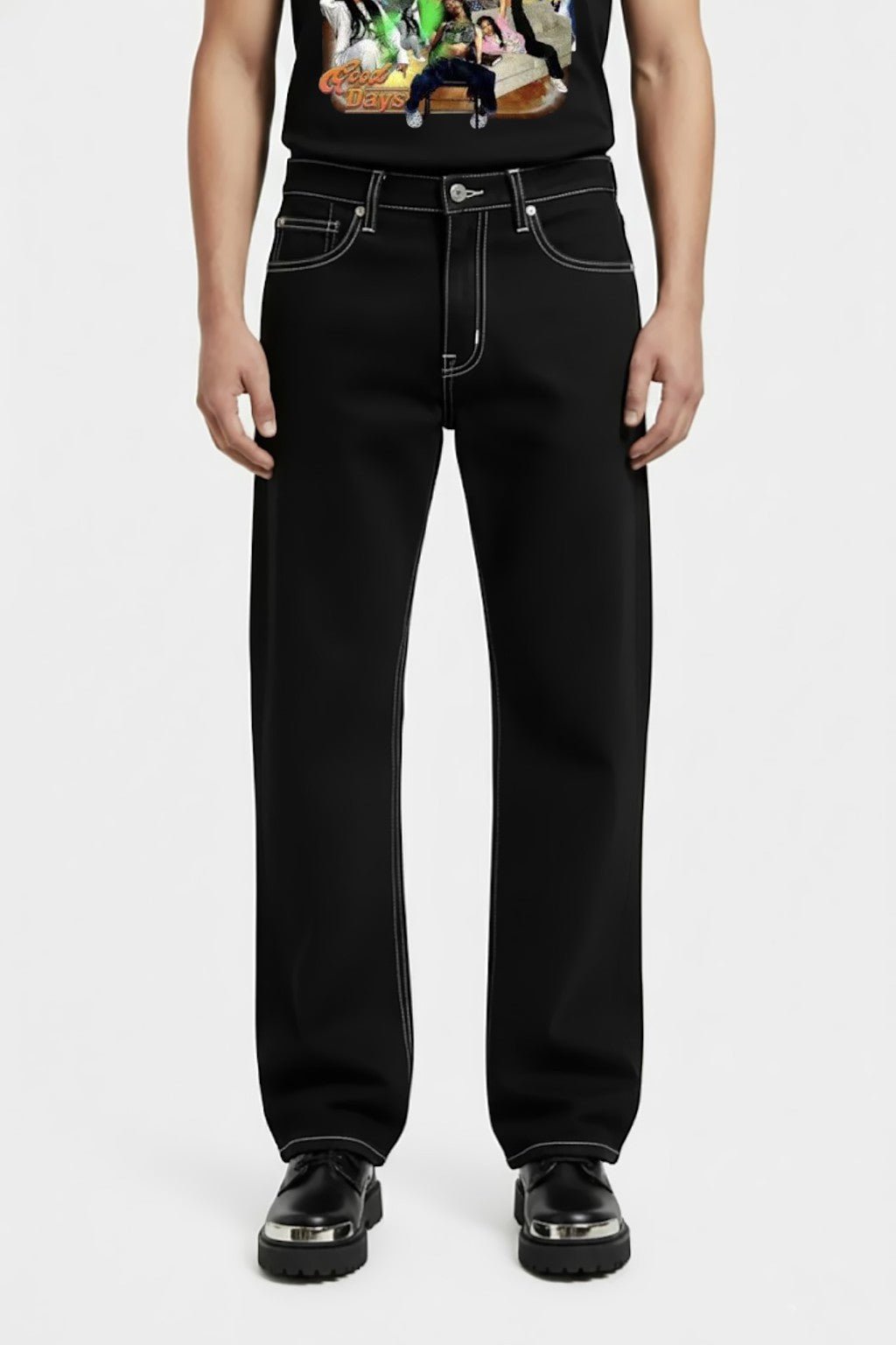 Jean noir couture blanche - y2k streetwear