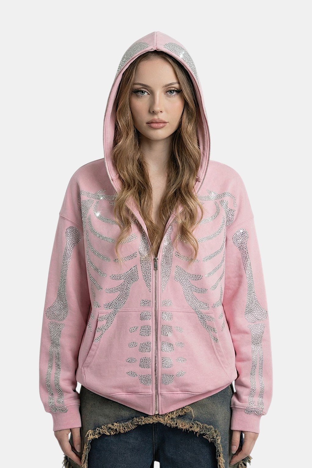 Rhinestone skeleton hoodie - y2k streetwear