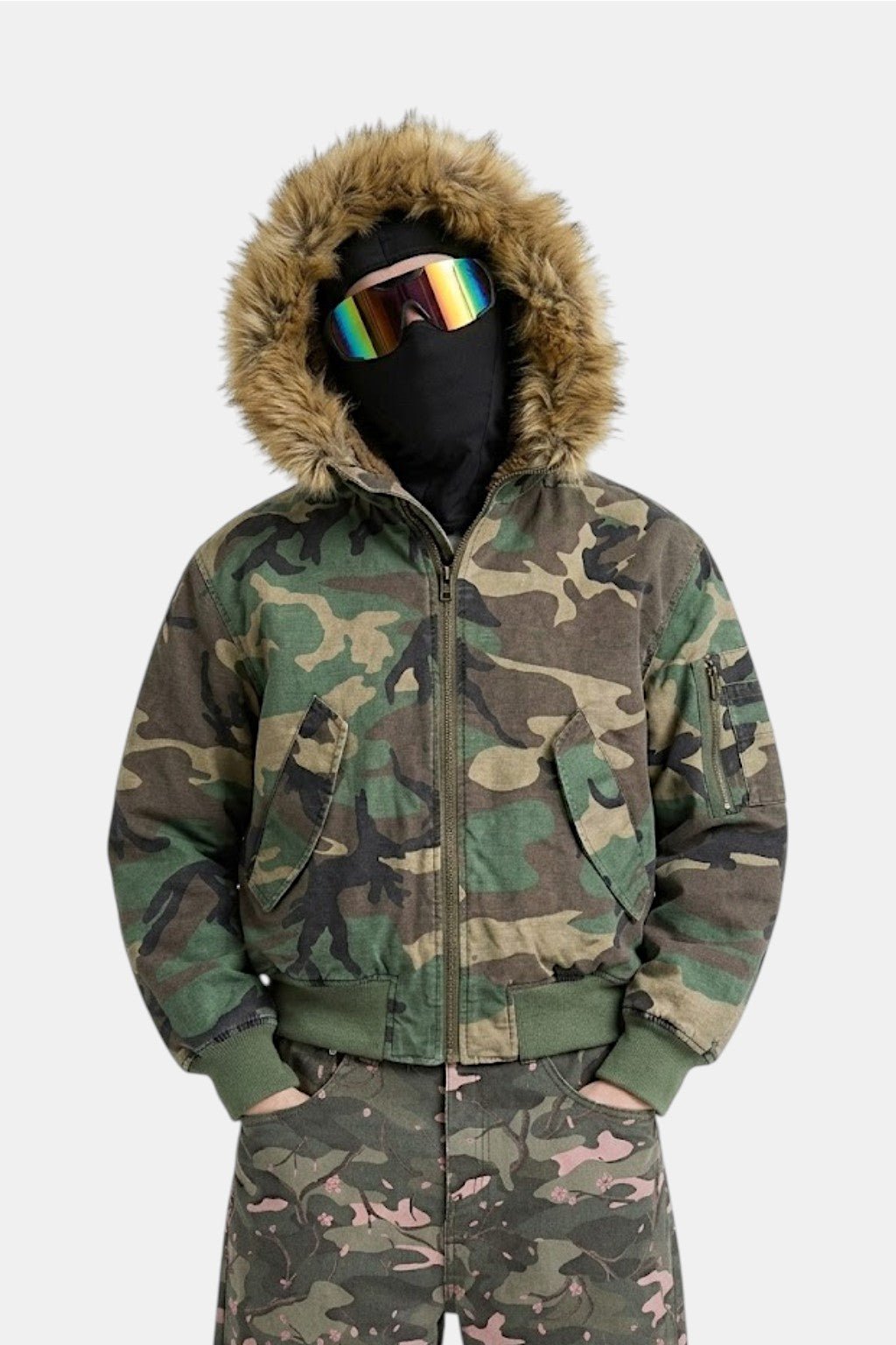 Veste camouflage capuche fourrure - y2k streetwear